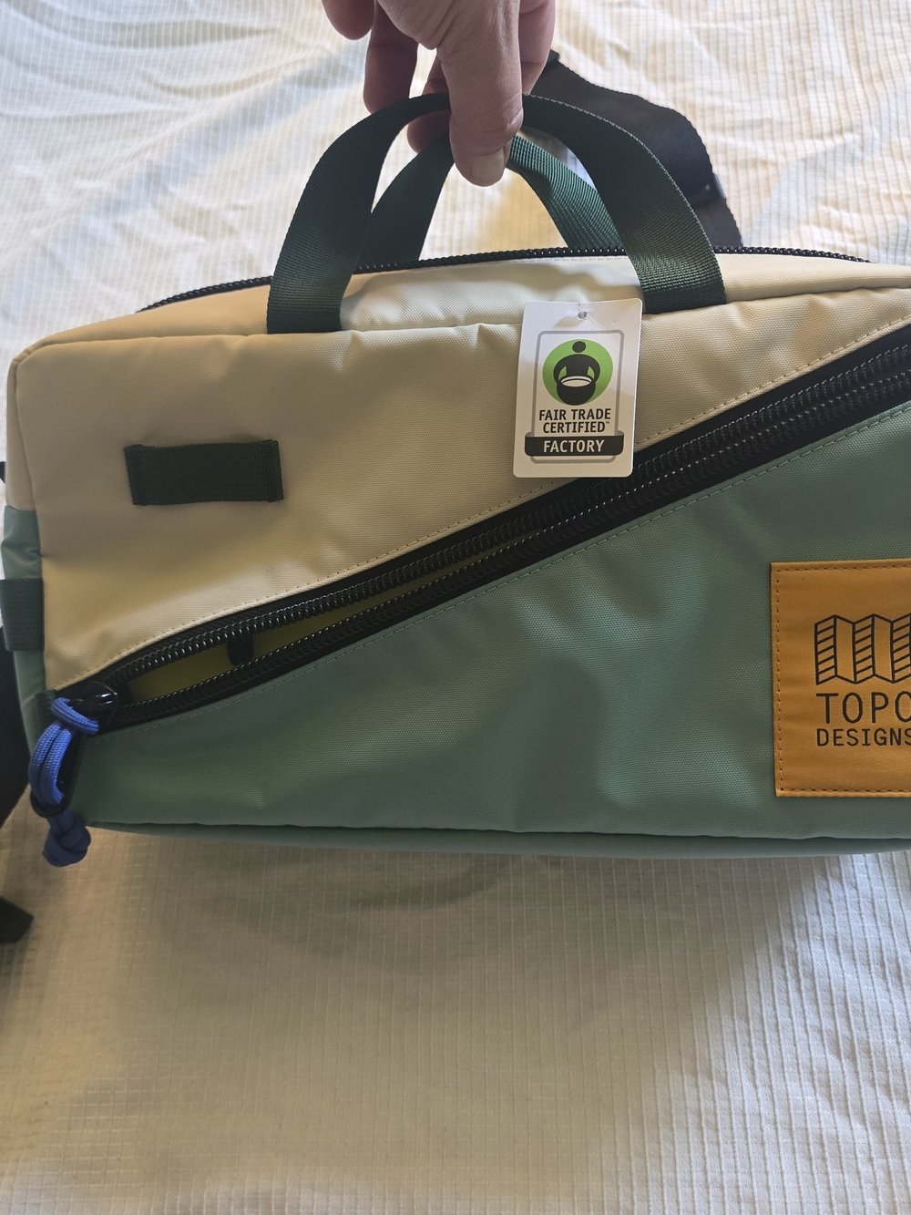 Topo Designs Quick Trip  Two-Tone Green and Cream Travel Sling Bag